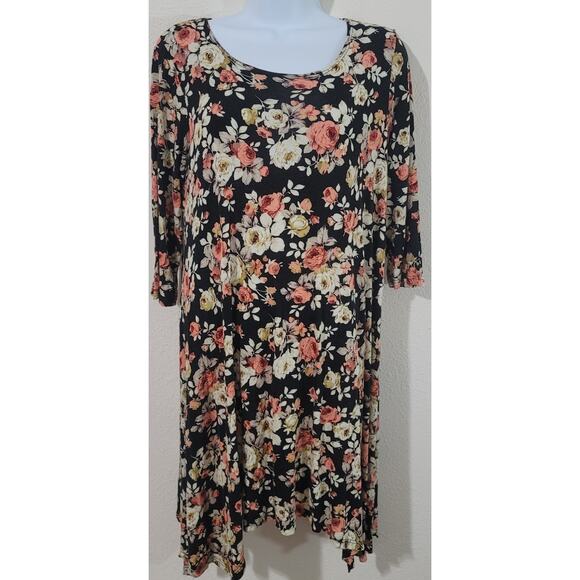Wilde Black Floral Print A Line Dress Small Sharkbite Hem Stretchy Soft Skater - Picture 1 of 4